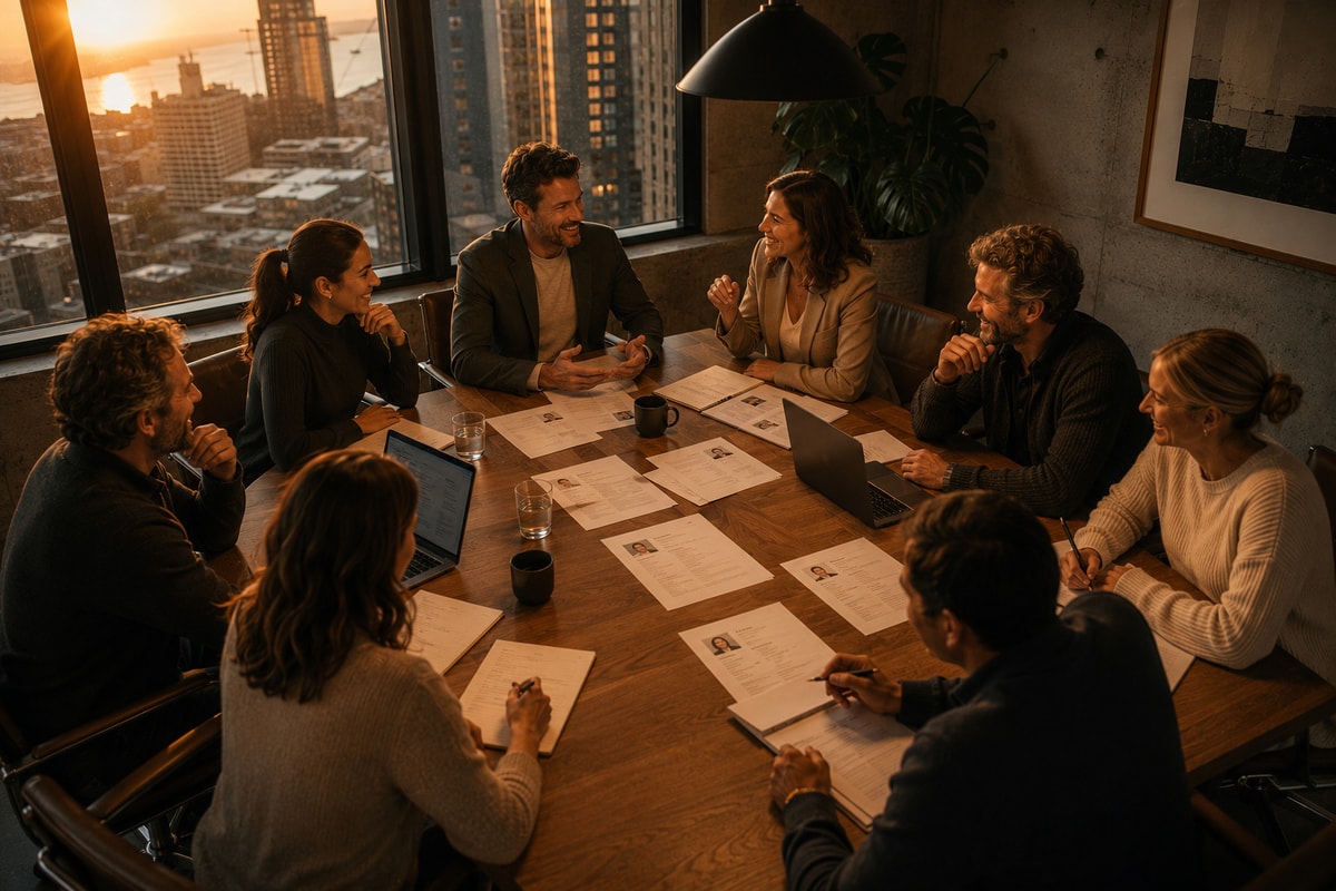 Business team reviewing platform comparison data